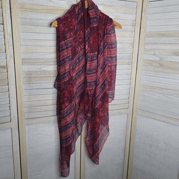 Red Blue Large Scarf Pashmina Wrap Sheer Light Shawl Patterned 40x72 - Picture 1 of 7